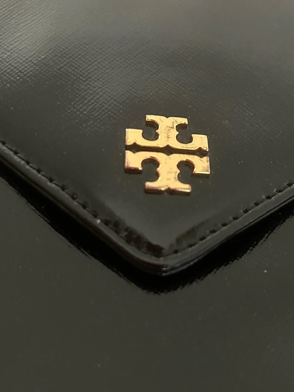 Tory Burch Black Patent Leather Envelope Clutch with Gold Accent